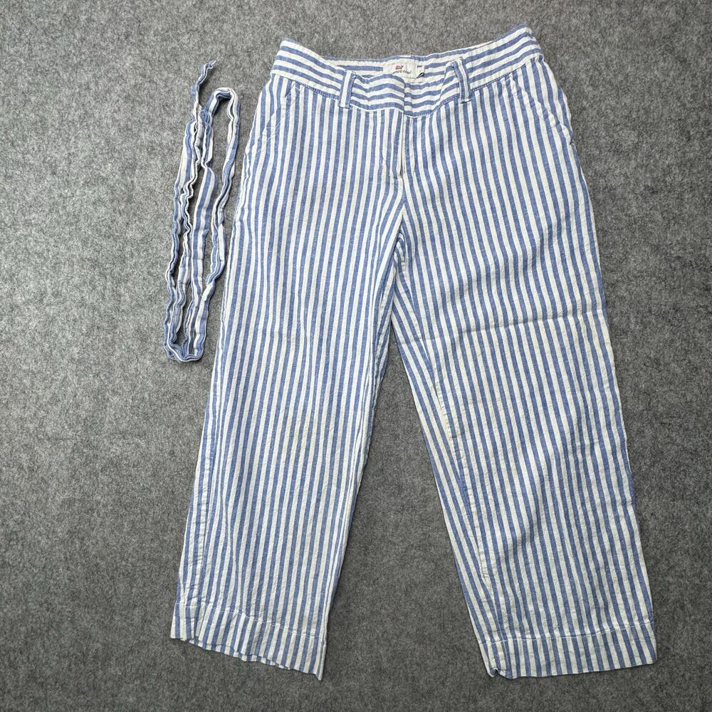 Vineyard Vines Pants Womens 2 Blue White Striped Cropped Wide Leg Linen Belted